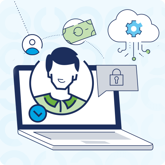 Illustration of a laptop, cloud, padlock, dollar bill 和 a person